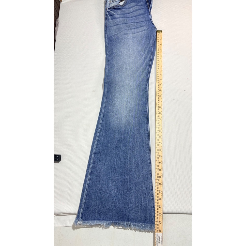 Kancan Signature High Rise Flare Jeans Medium Wash Frayed Hem Blue Denim